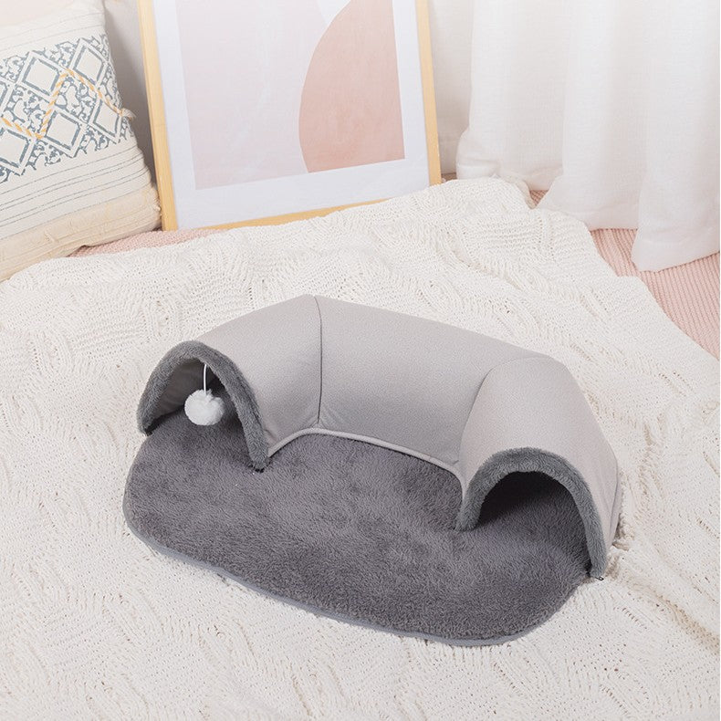 Oval cat tunnel bed with soft plush mat and hanging ball – view 6