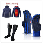 Dark blue winter gloves shown alongside a heated jacket diagram and battery-heated socks