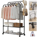 Double-Rail Clothes Rack on Wheels with Shoe Shelves & Side Hooks – Black