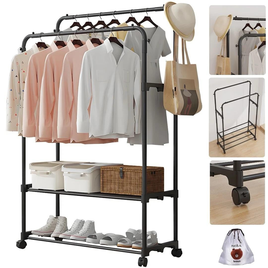 Double-Rail Clothes Rack on Wheels with Shoe Shelves & Side Hooks – Black