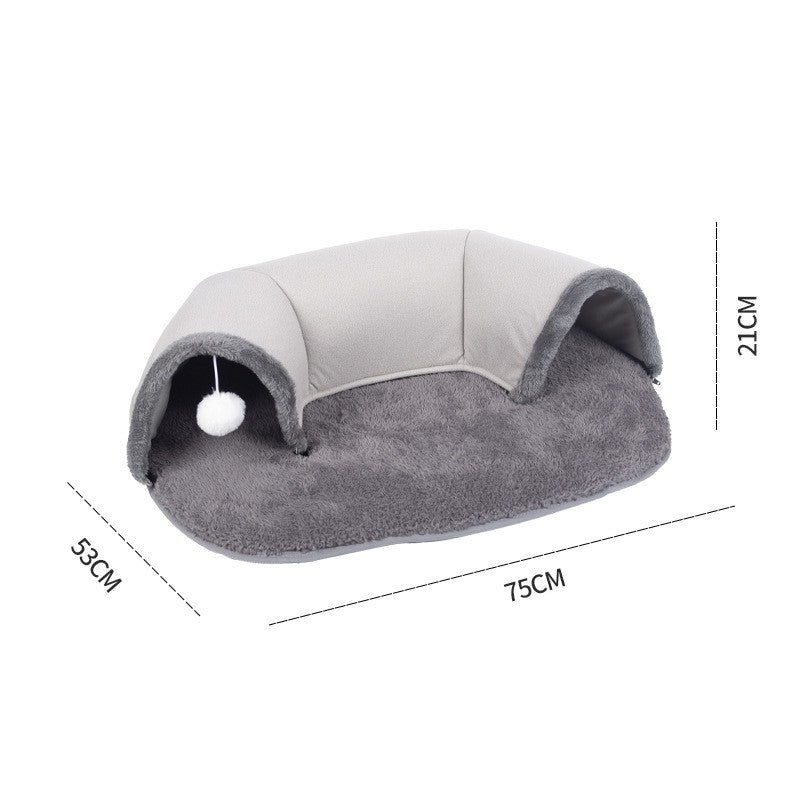 Oval cat tunnel bed with soft plush mat and hanging ball – view 5
