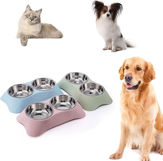 Green double dog bowl with stainless steel bowls – view 3