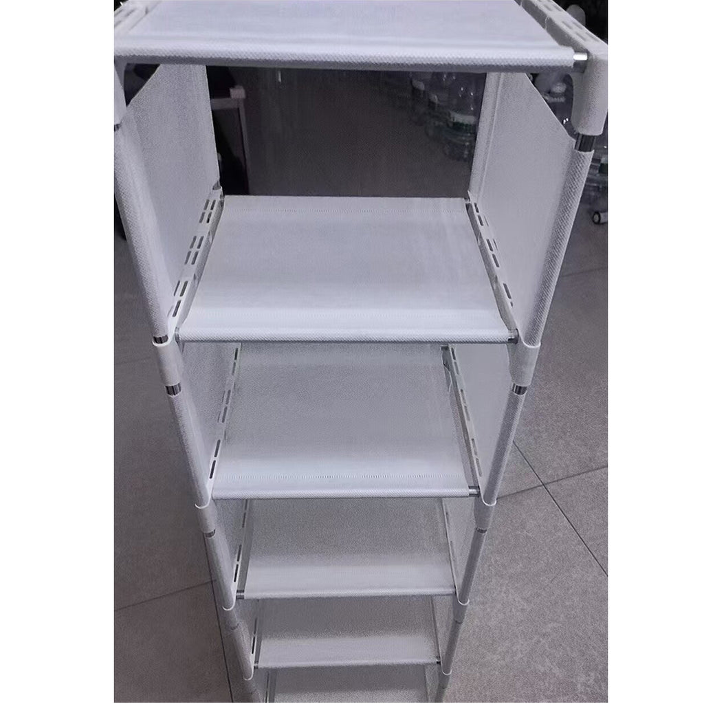 Close-up of the fabric shelves and metal frame of the shoe rack