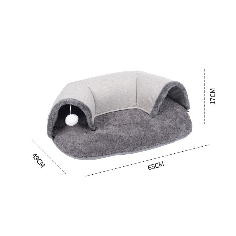 Oval cat tunnel bed with soft plush mat and hanging ball – view 2