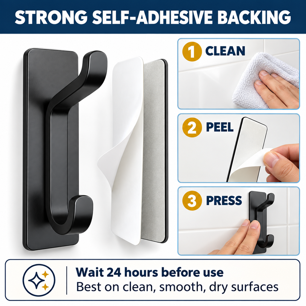4 Pack Self Adhesive Double Wall Hooks – No Drill Black Aluminium Coat, Towel & Key Hooks for Bathroom, Kitchen & Bedroom