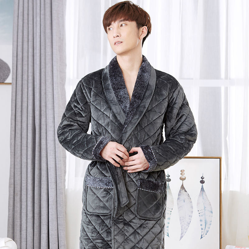 Men's fleece dressing gown with textured collar trim