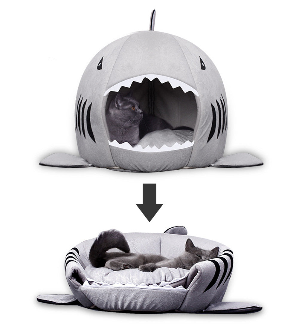 Shark pet bed shown as an enclosed cave and as an open lounger