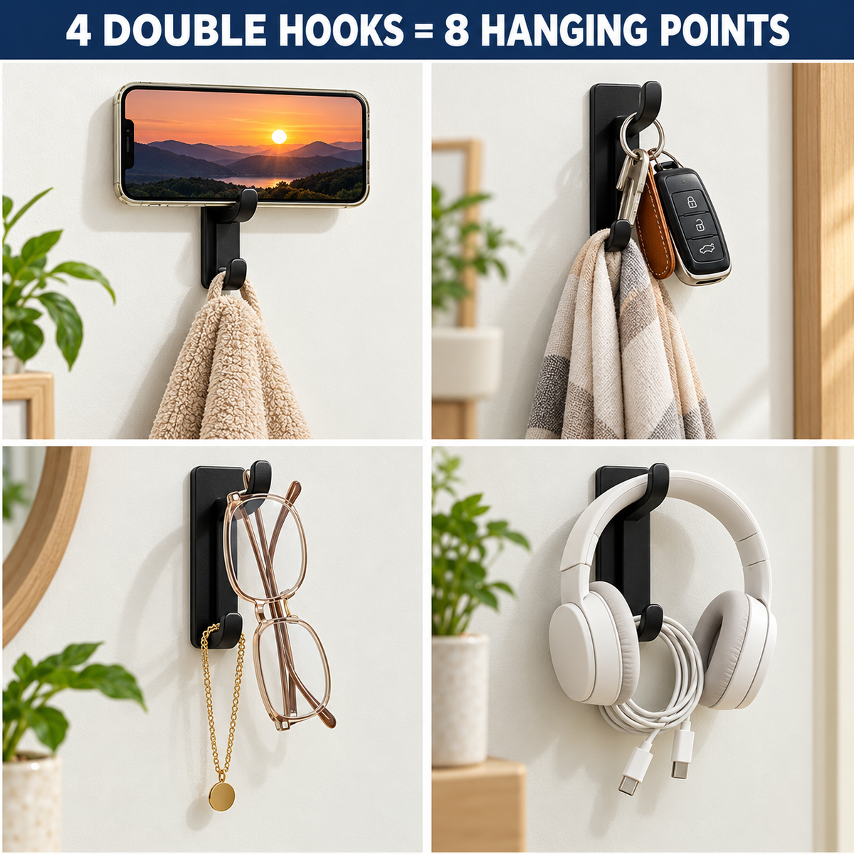 4 Pack Self Adhesive Double Wall Hooks – No Drill Black Aluminium Coat, Towel & Key Hooks for Bathroom, Kitchen & Bedroom
