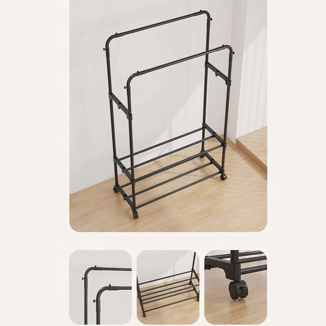 Double-Rail Clothes Rack on Wheels with Shoe Shelves & Side Hooks – Black