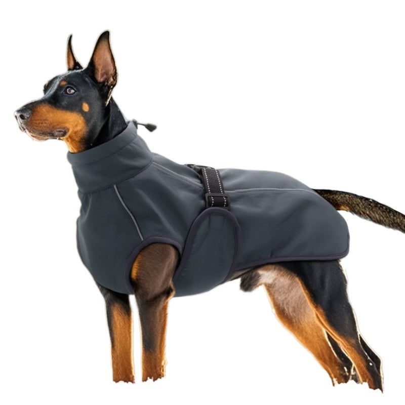 Dog wearing the black teddy-fleece winter coat on a white background