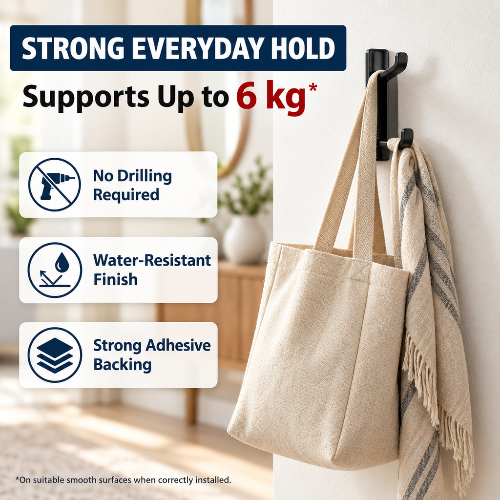 4 Pack Self Adhesive Double Wall Hooks – No Drill Black Aluminium Coat, Towel & Key Hooks for Bathroom, Kitchen & Bedroom