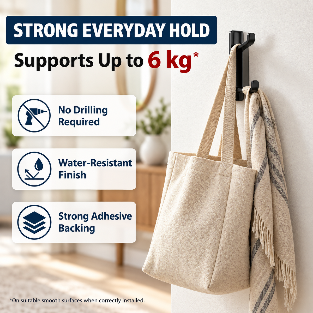 4 Pack Self Adhesive Double Wall Hooks – No Drill Black Aluminium Coat, Towel & Key Hooks for Bathroom, Kitchen & Bedroom