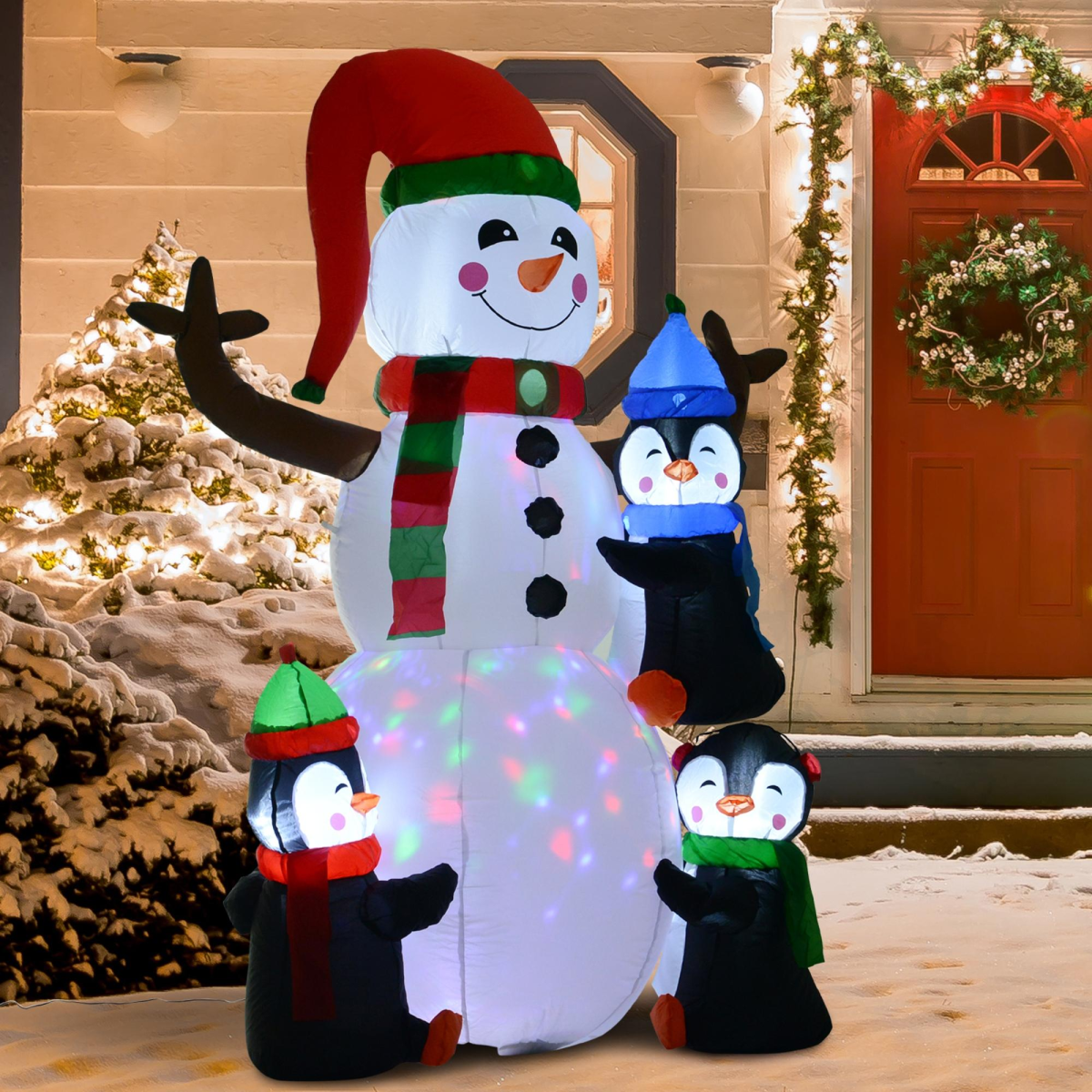 6ft Inflatable Christmas Snowman with Three Penguins LED Outdoor Yard Deco