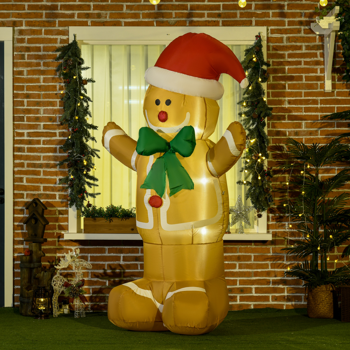 HOMCOM 6ft Christmas Inflatable Gingerbread Man & Santa Hat w/ LED Lights