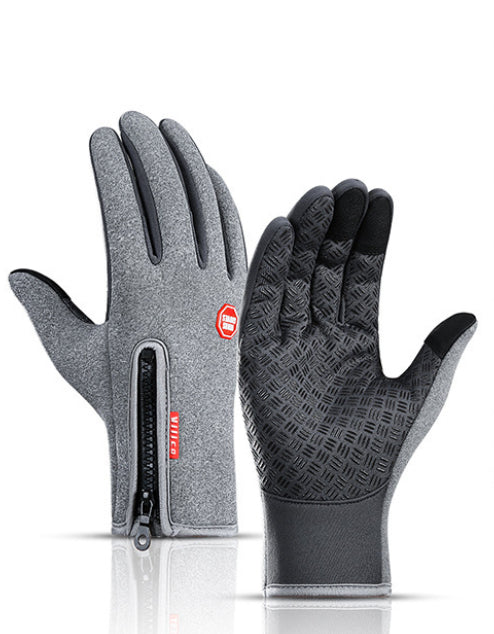Grey winter gloves showing zip back and textured palm