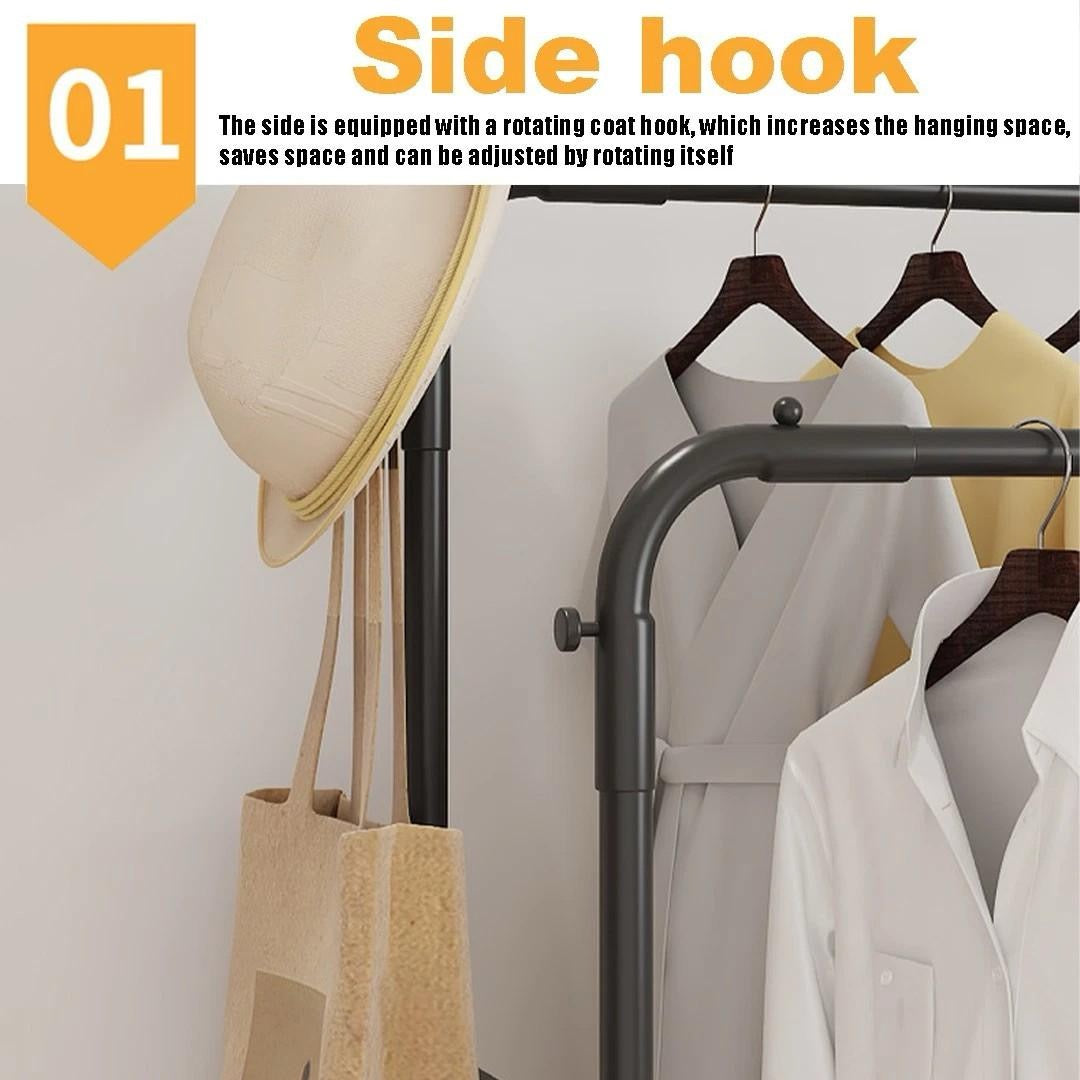 Double-Rail Clothes Rack on Wheels with Shoe Shelves & Side Hooks – Black