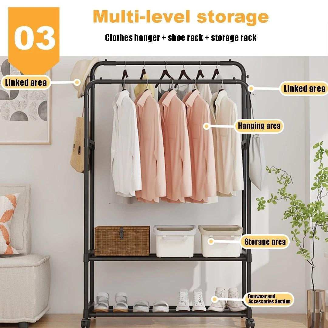 Double-Rail Clothes Rack on Wheels with Shoe Shelves & Side Hooks – Black