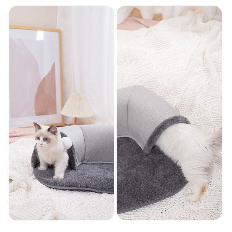 Oval cat tunnel bed with soft plush mat and hanging ball – view 3