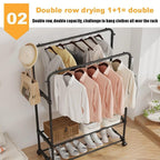 Double-Rail Clothes Rack on Wheels with Shoe Shelves & Side Hooks – Black