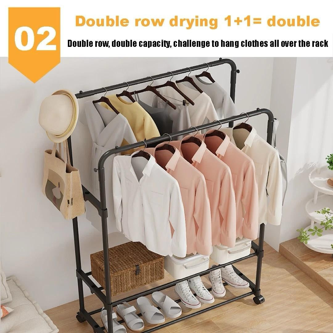 Double-Rail Clothes Rack on Wheels with Shoe Shelves & Side Hooks – Black