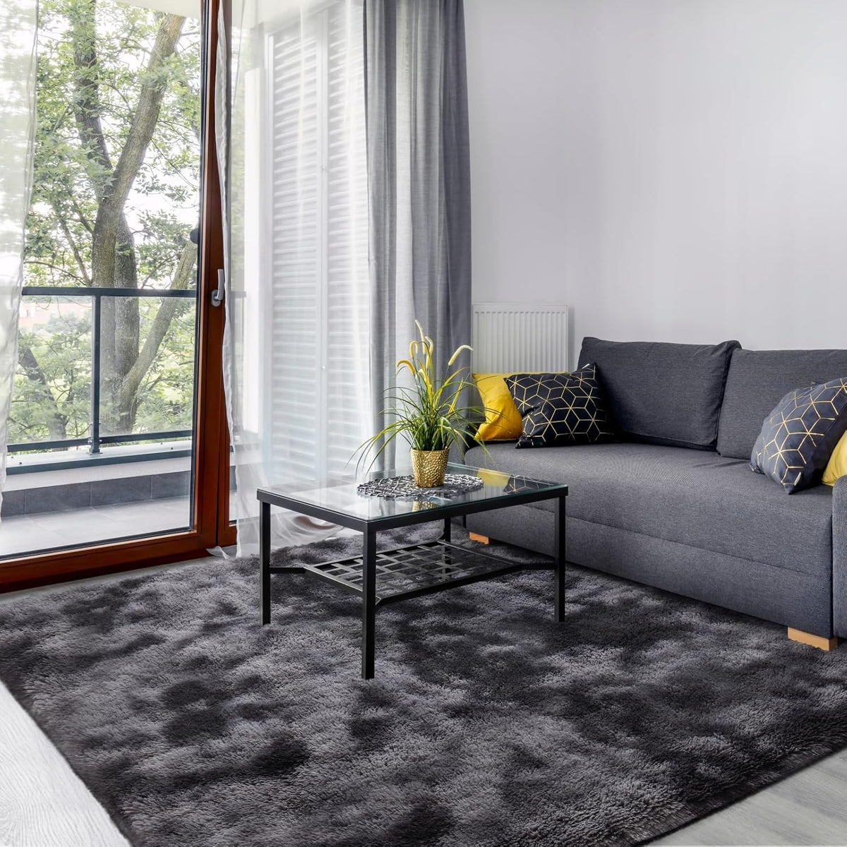 Dark grey fluffy shaggy tie-dye rug