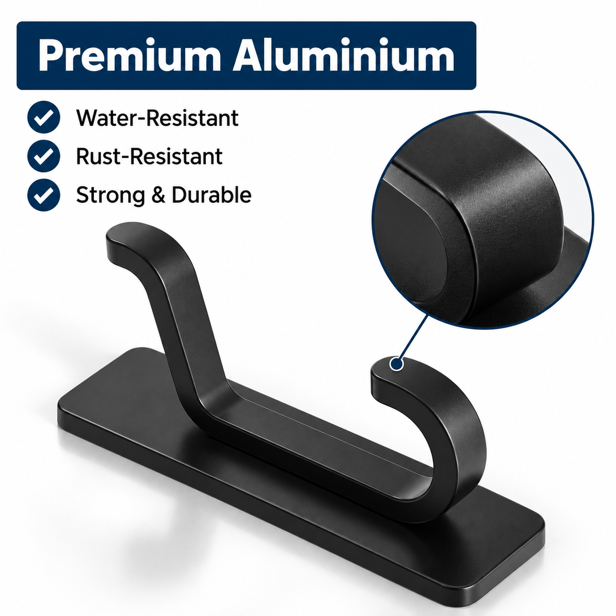 4 Pack Self Adhesive Double Wall Hooks – No Drill Black Aluminium Coat, Towel & Key Hooks for Bathroom, Kitchen & Bedroom
