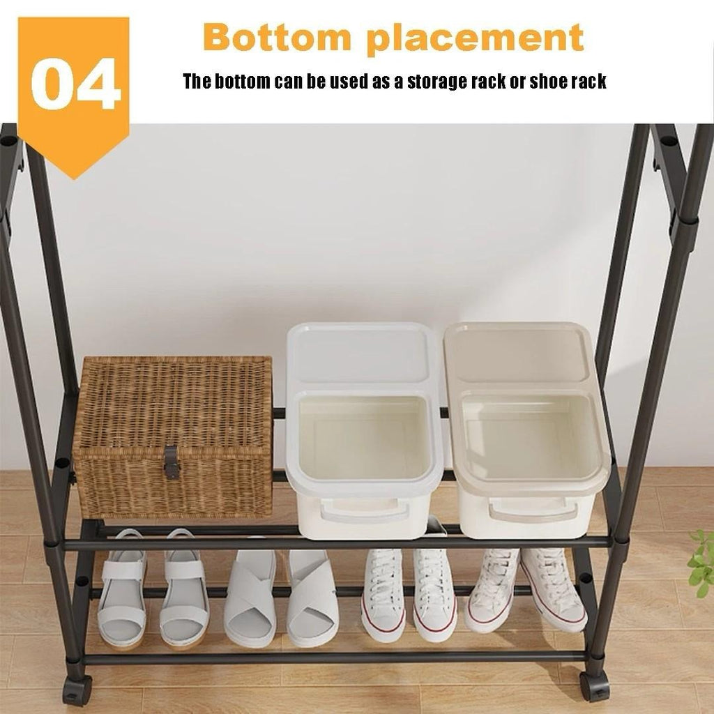 Double-Rail Clothes Rack on Wheels with Shoe Shelves & Side Hooks – Black