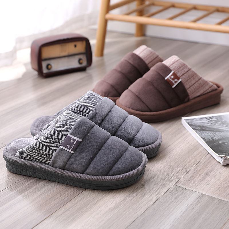 Grey and brown plush winter slippers
