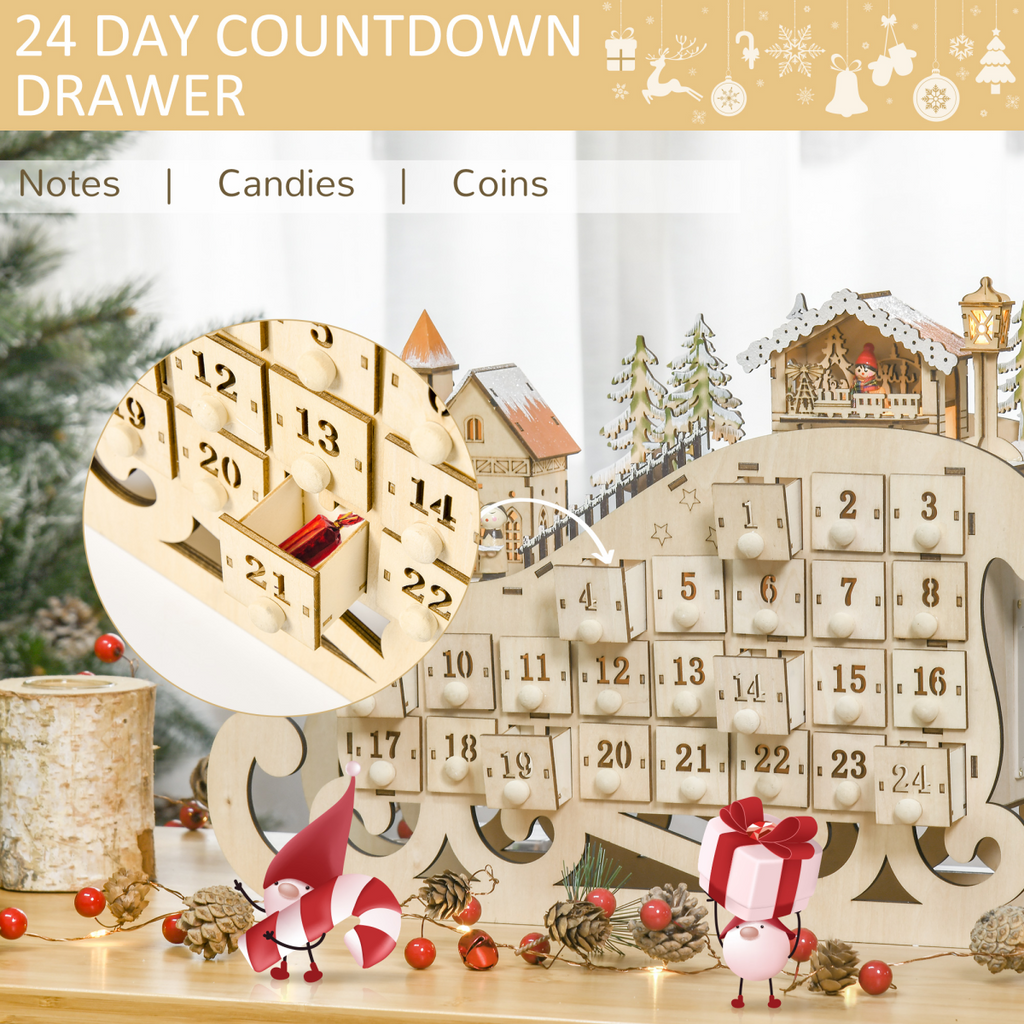 Christmas Advent Calendar 2021 Light Up Wooden Sleigh Countdown Natural