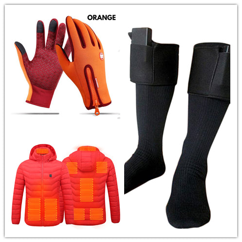 Orange winter gloves shown alongside a heated jacket diagram and battery-heated socks