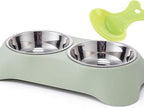 Green double dog bowl with stainless steel bowls