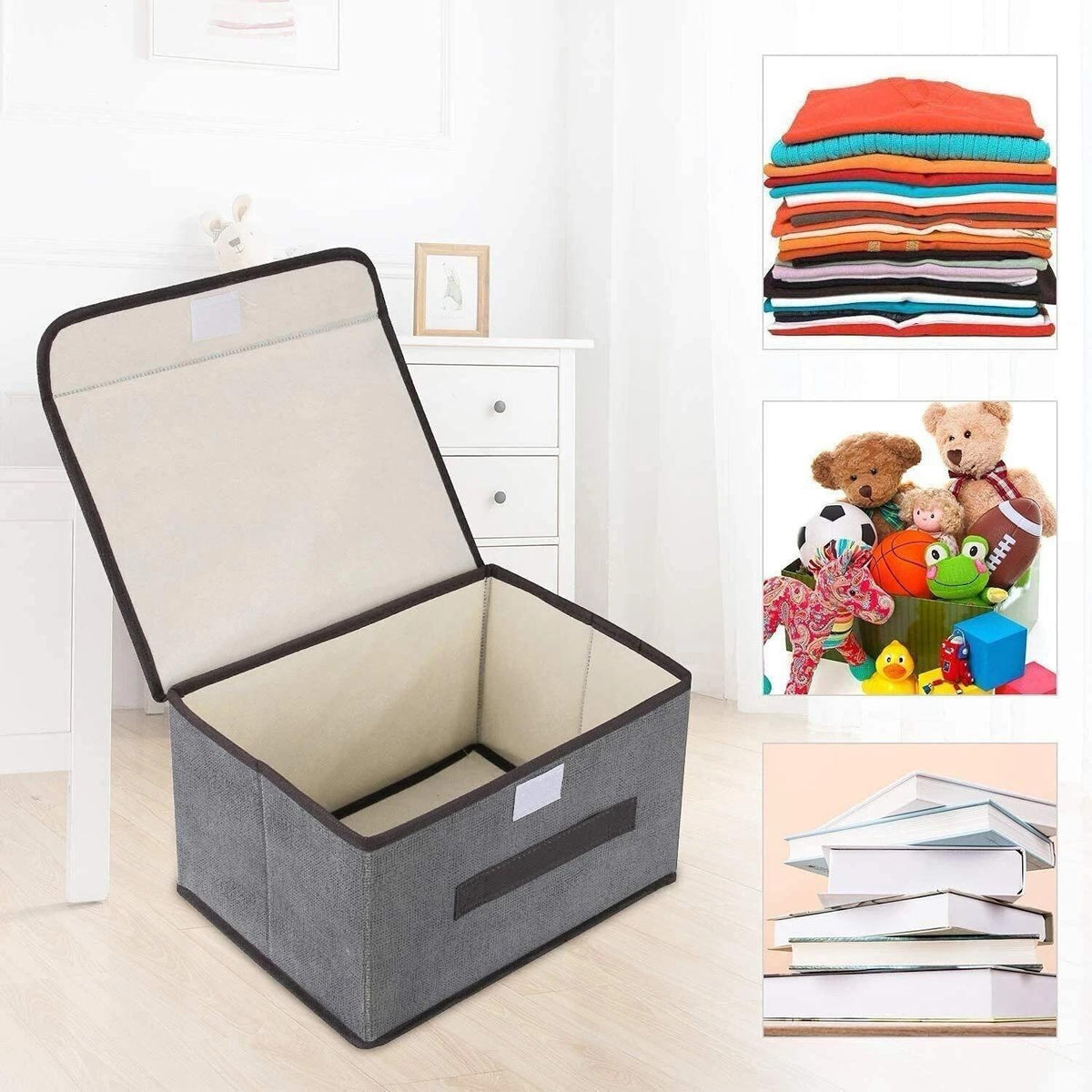 Pack of 3 Foldable Fabric Storage Boxes with Lids & Handles – Grey