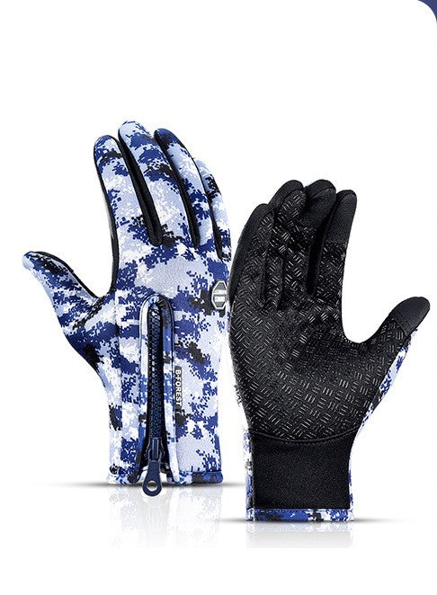 Blue camouflage winter gloves, front and back