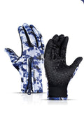 Blue camouflage winter gloves, front and back