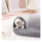 Oval cat tunnel bed with soft plush mat and hanging ball – view 4