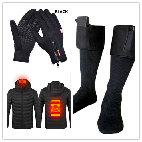 Black winter gloves shown alongside a black heated jacket diagram and battery-heated socks