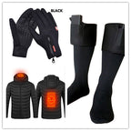 Black winter gloves shown alongside a black heated jacket diagram and battery-heated socks