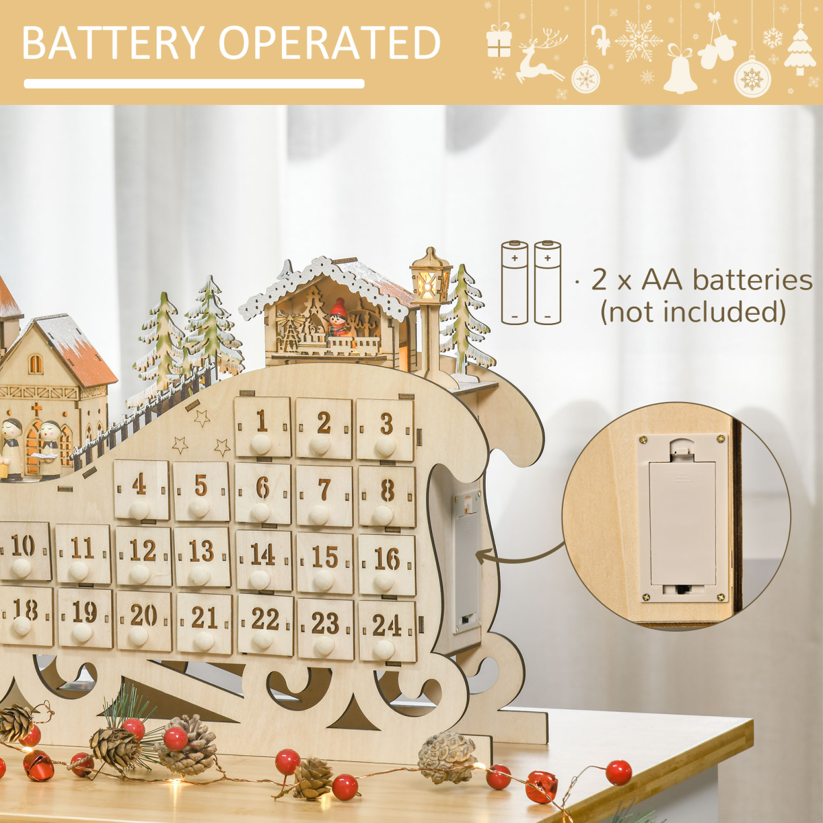 Christmas Advent Calendar 2021 Light Up Wooden Sleigh Countdown Natural