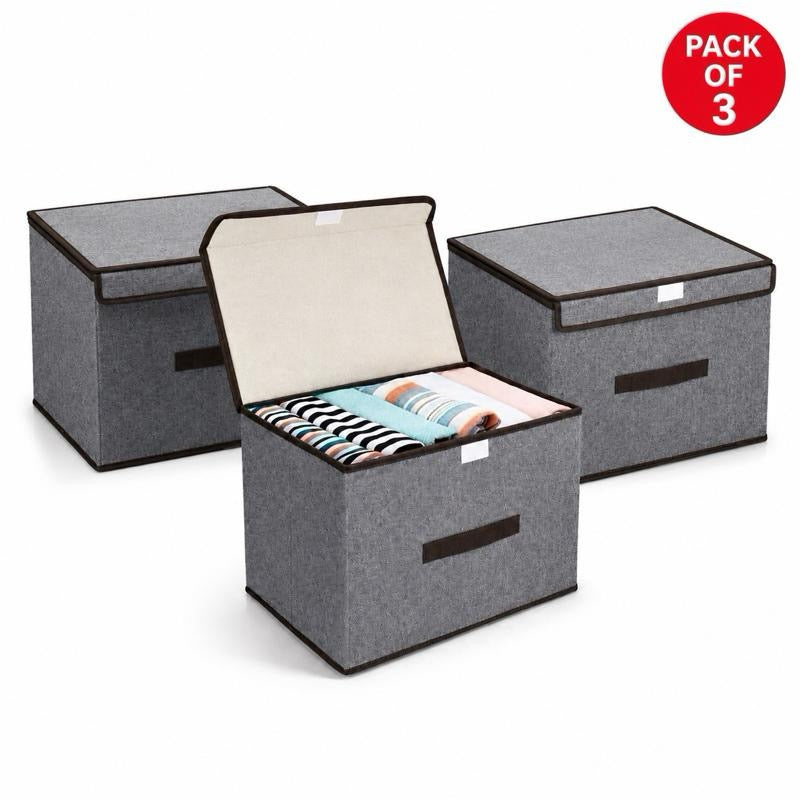 Pack of 3 Foldable Fabric Storage Boxes with Lids & Handles – Grey