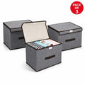 Pack of 3 Foldable Fabric Storage Boxes with Lids & Handles – Grey