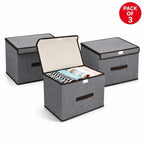 Pack of 3 Foldable Fabric Storage Boxes with Lids & Handles – Grey