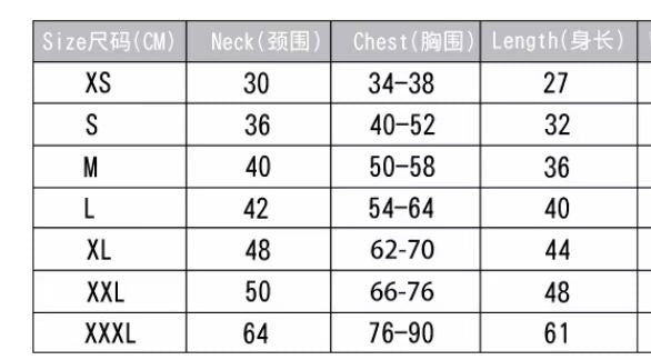 Dog coat size chart with neck, chest and length measurements