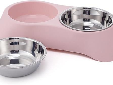 Green double dog bowl with stainless steel bowls – view 2