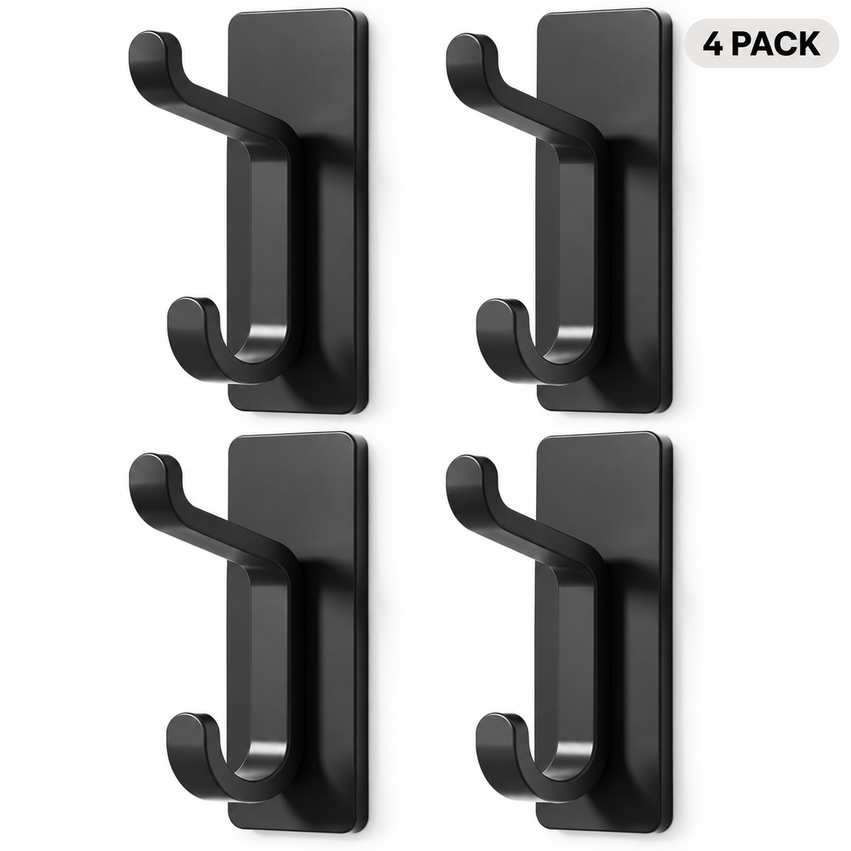 4 Pack Self Adhesive Double Wall Hooks – No Drill Black Aluminium Coat, Towel & Key Hooks for Bathroom, Kitchen & Bedroom