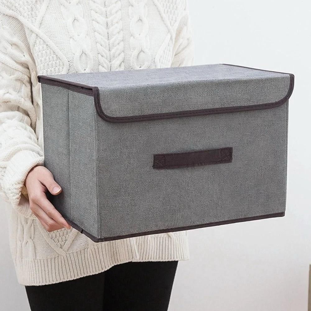 Pack of 3 Foldable Fabric Storage Boxes with Lids & Handles – Grey