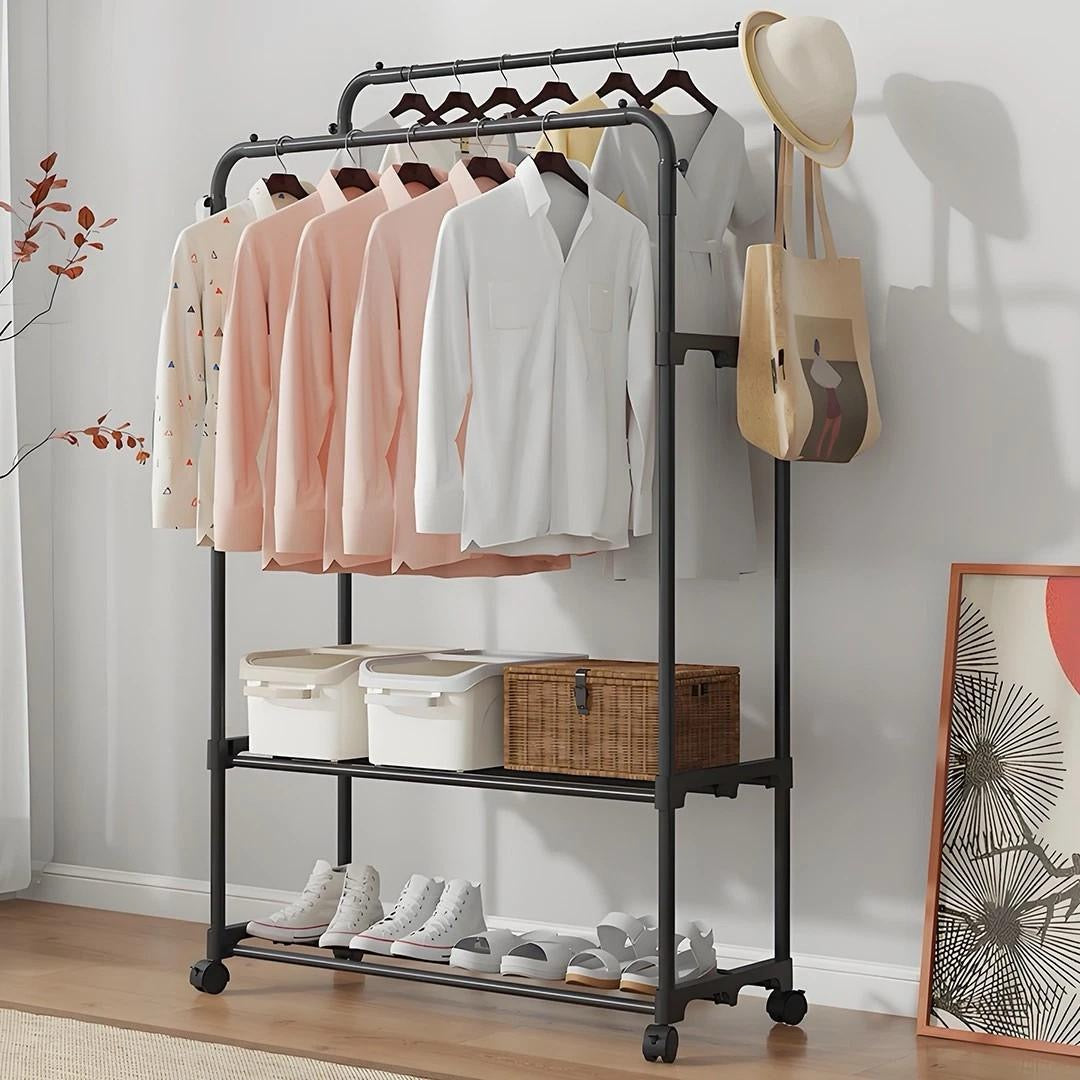 Double-Rail Clothes Rack on Wheels with Shoe Shelves & Side Hooks – Black