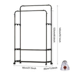 Double-Rail Clothes Rack on Wheels with Shoe Shelves & Side Hooks – Black