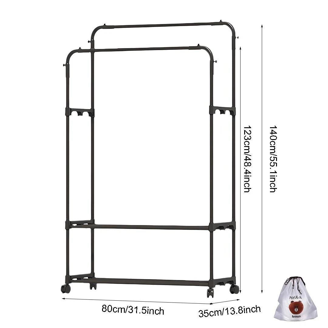 Double-Rail Clothes Rack on Wheels with Shoe Shelves & Side Hooks – Black