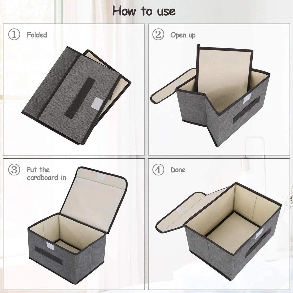 Pack of 3 Foldable Fabric Storage Boxes with Lids & Handles – Grey