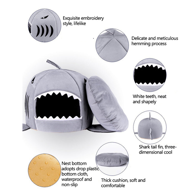 Shark cave bed features including removable cushion and non-slip bottom